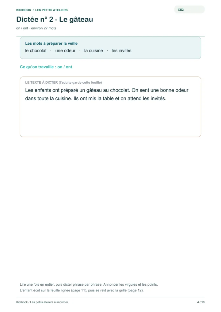 Une dictée CE2 à imprimer avec ses mots à préparer
