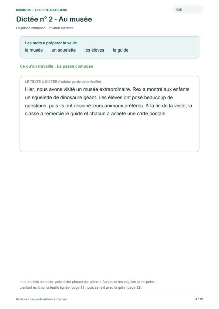 Une dictée CM1 à imprimer avec ses mots à préparer