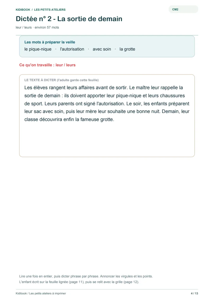 Une dictée CM2 à imprimer avec ses mots à préparer
