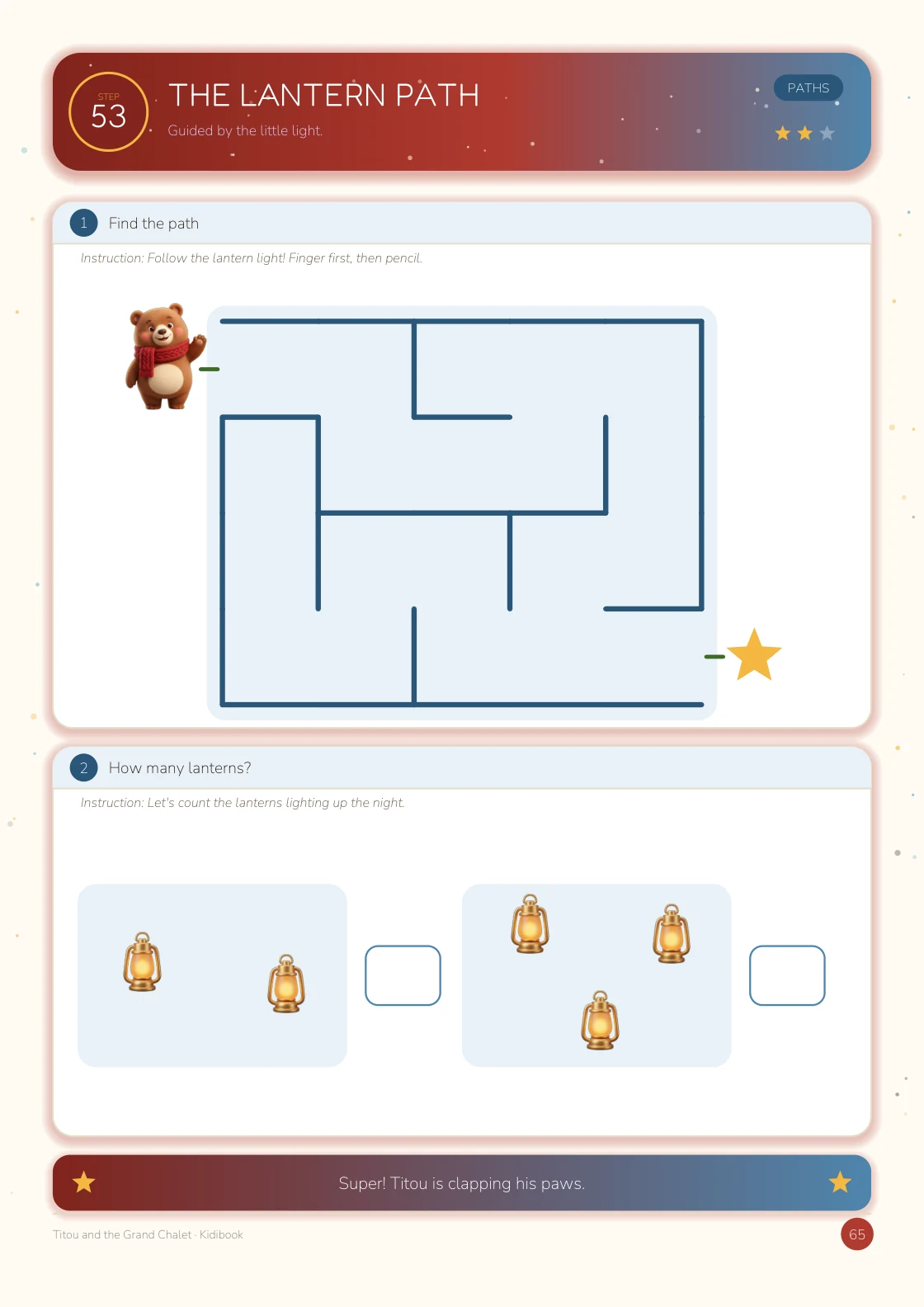 Titou and the Grand Chalet — Step 53, The Lantern Path: a maze and lanterns to count