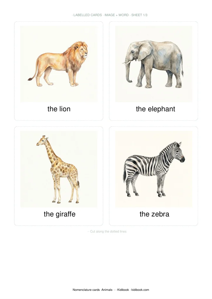 Page 3 of the PDF: example of cards from the animal pack, intended for 3–6 years.
