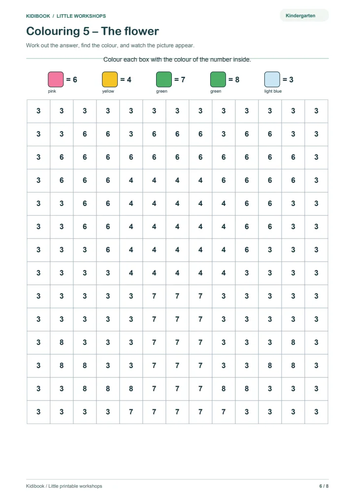 Kindergarten magic colouring: the flower — preview of the free PDF