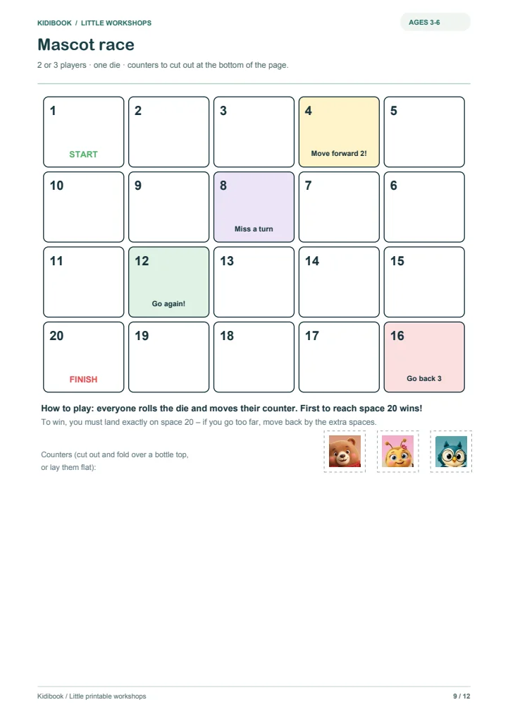 Printable board game with Kidibook mascots