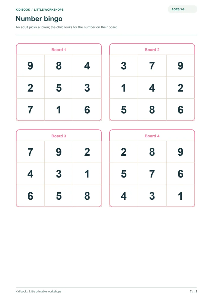 Printable number bingo for preschool