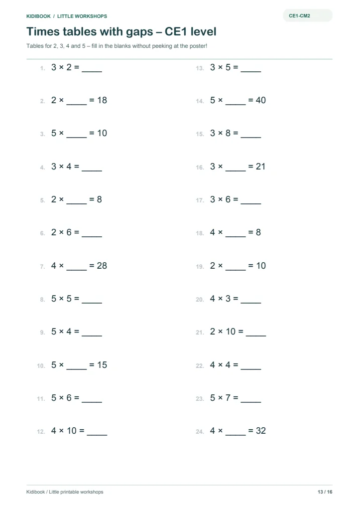 Printable multiplication tables with blanks, with solutions