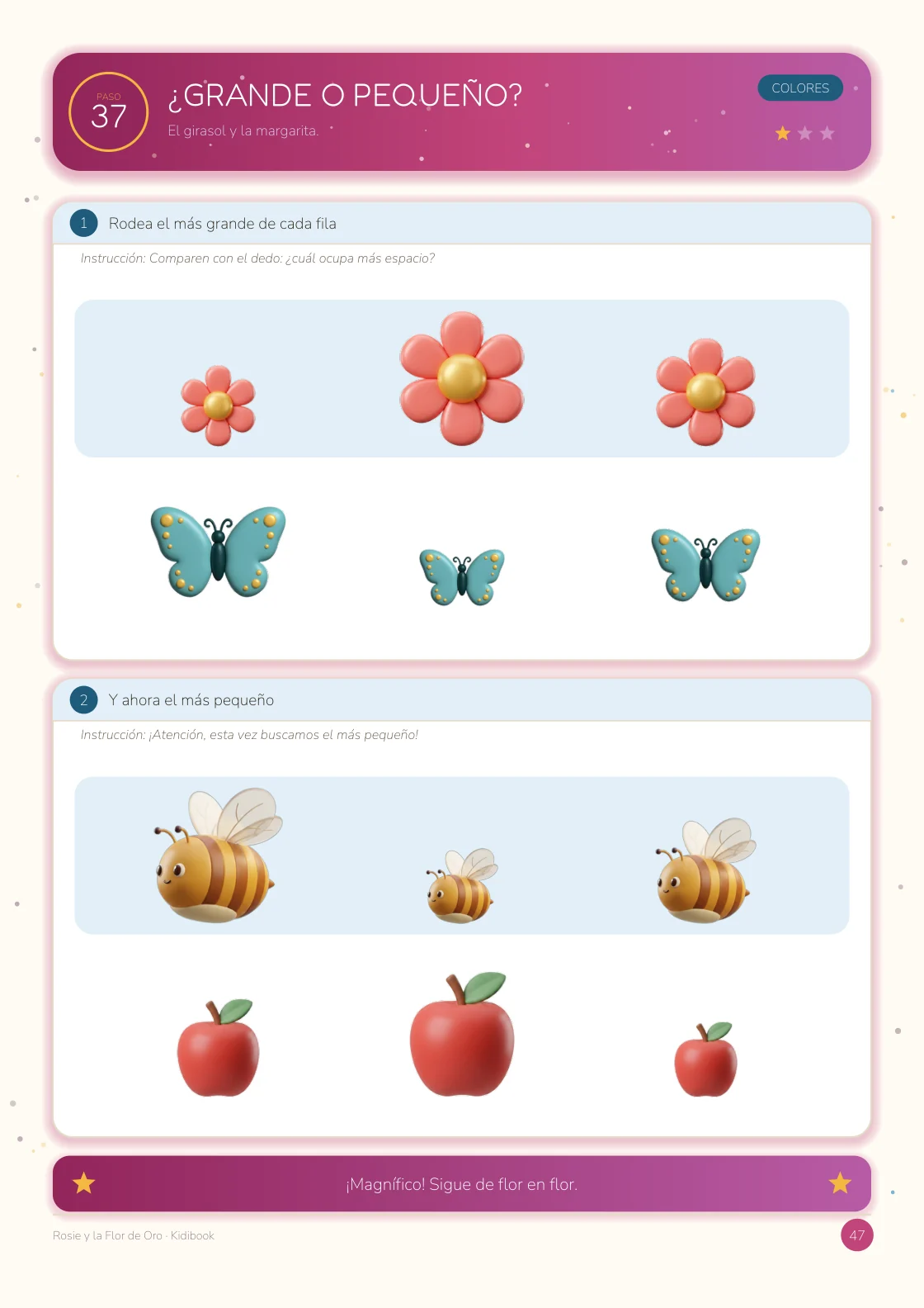 Rosie y la Flor de Oro — Paso 37, ¿Grande o pequeño?: un ejercicio ilustrado para comparar