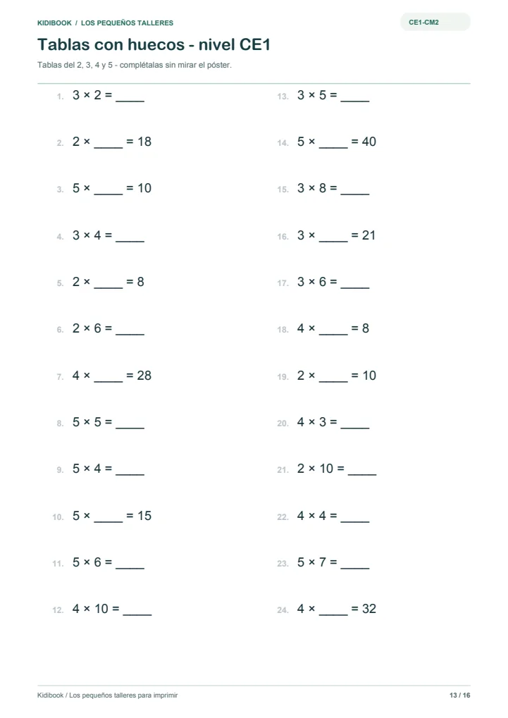Tablas de multiplicar con huecos para imprimir, con soluciones