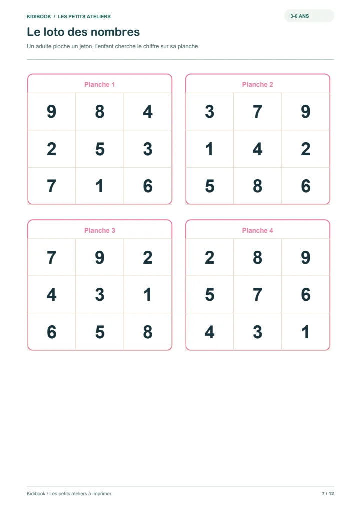 Loto des nombres à imprimer pour la maternelle