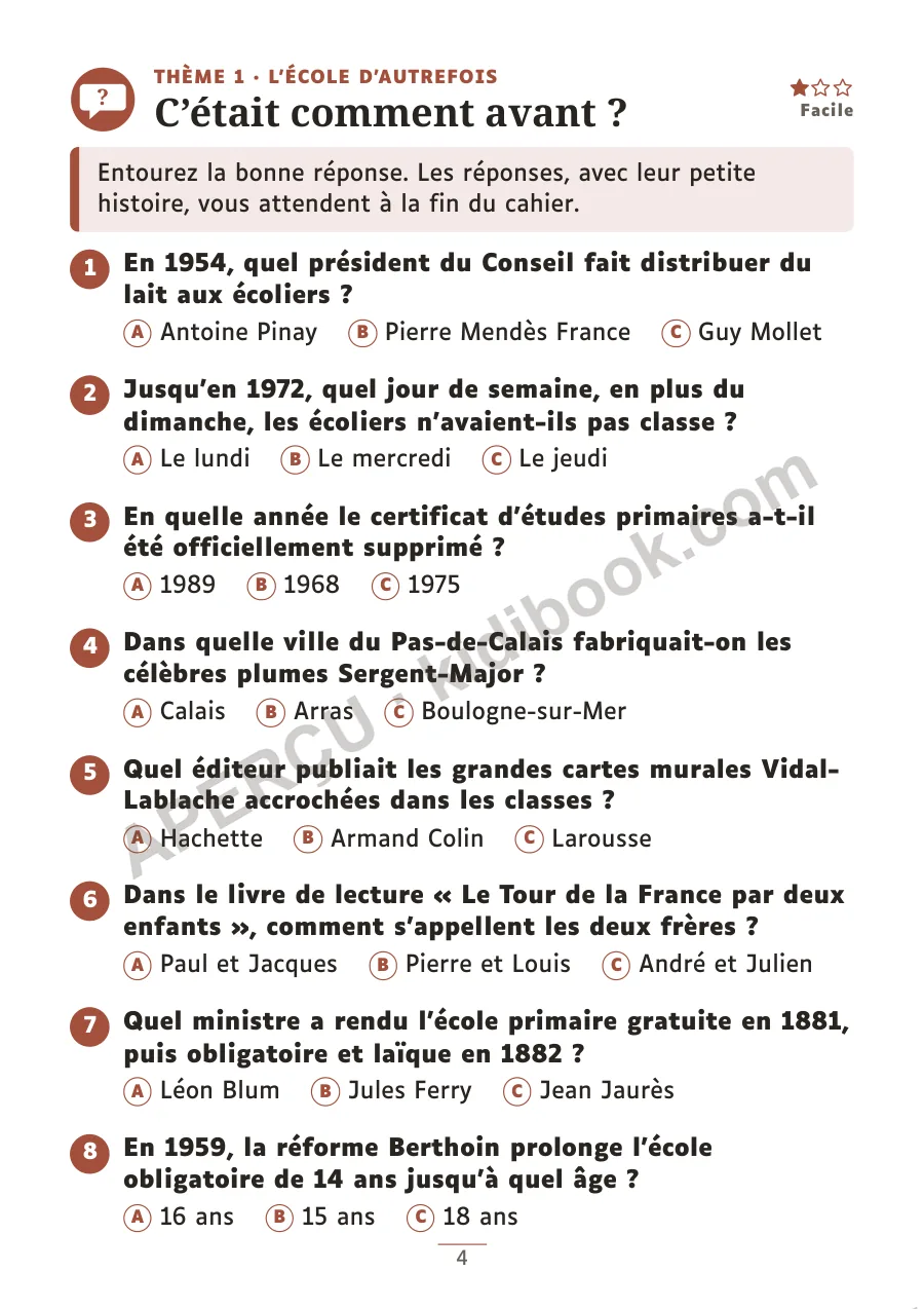 Page de quiz «&nbsp;C'était comment avant&nbsp;?&nbsp;» avec huit questions sur l'école d'autrefois