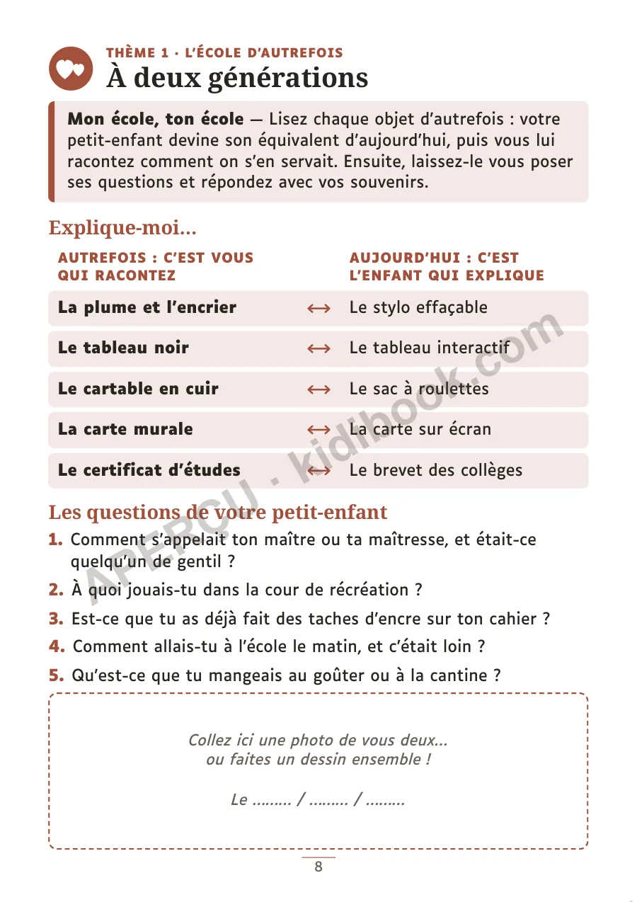 Page «&nbsp;À deux générations&nbsp;» à faire avec un petit-enfant, objets d'autrefois et d'aujourd'hui