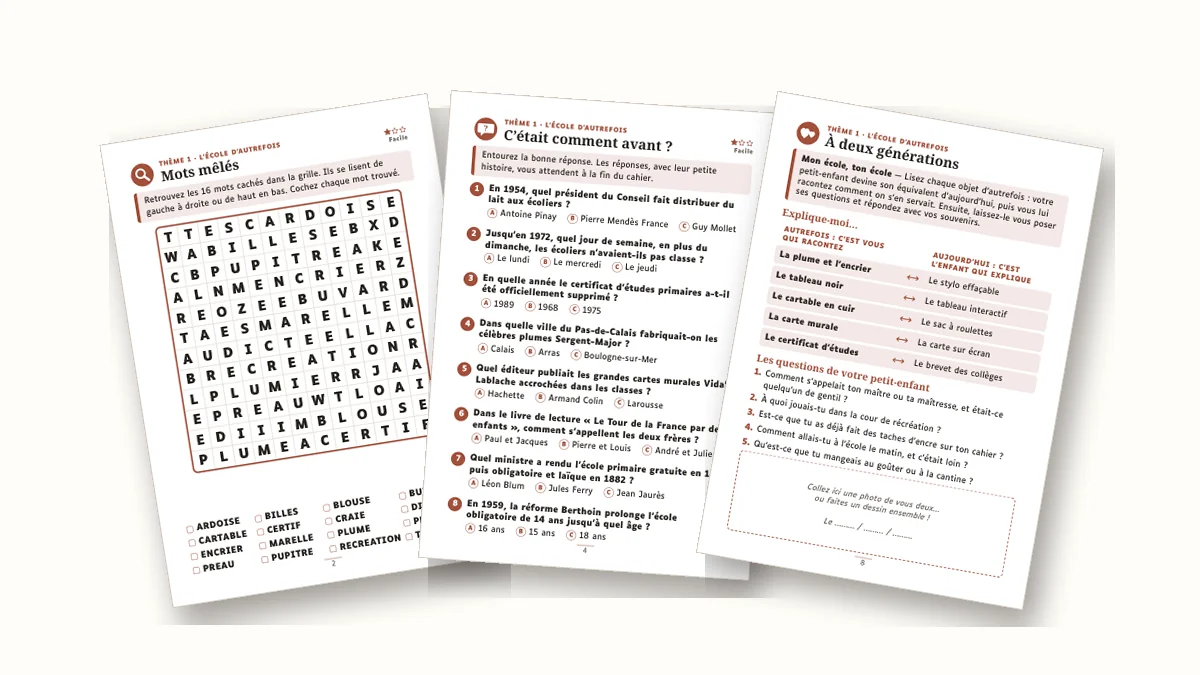 Pages d'exercices de mémoire pour seniors à imprimer : mots mêlés, mots croisés, quiz et page à deux générations