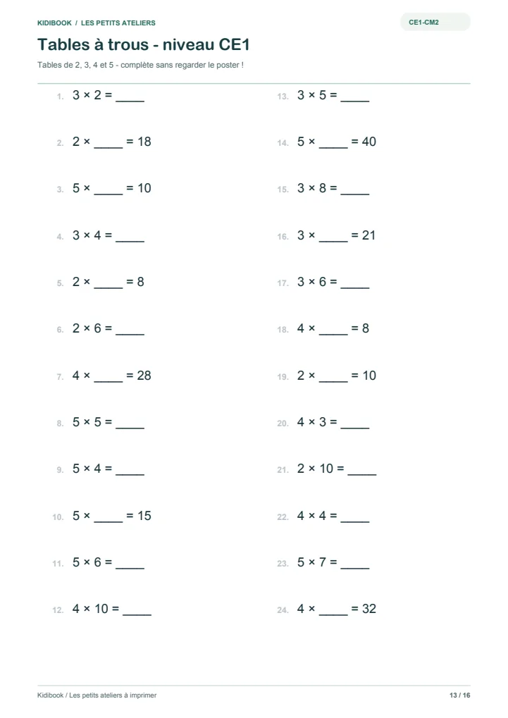 Tables de multiplication à trous à imprimer, avec solutions